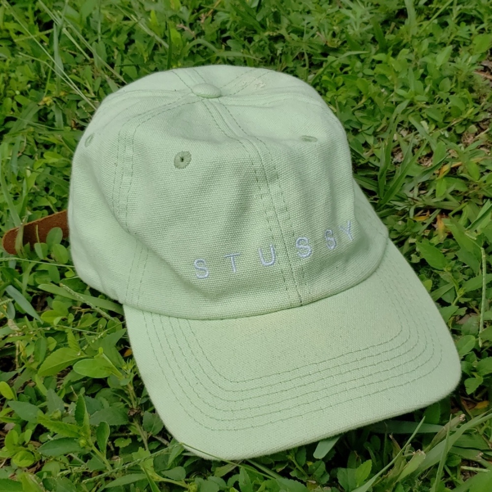 Mens Faded Green Stussy Leather Strap Hat